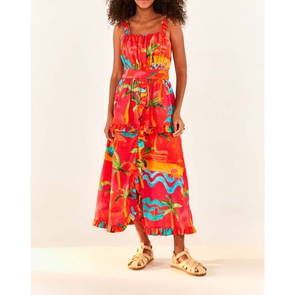 Farm‎ Rio Ipanema Tropical Ruffled Midi Dress Red Palm Tree Cotton Small
